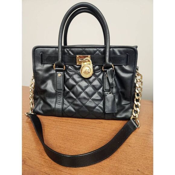 MICHAEL KORS HAMILTON BLACK QUILT LEATHER GOLD LOCK & KEY EW SATCHEL BAG. - Picture 1 of 11